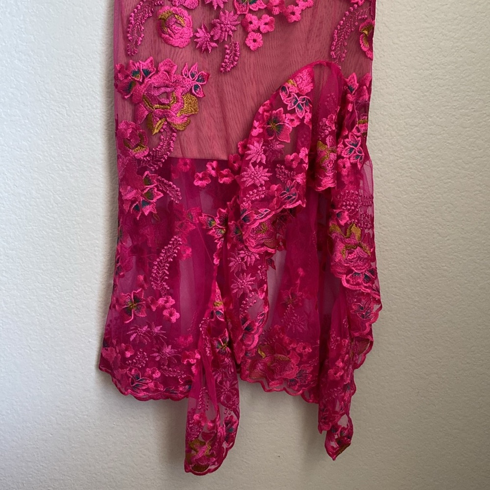 Bronx and Banco Hot Pink Lace Appliqué Asymmetric Midi Dress - Picture 6 of 16